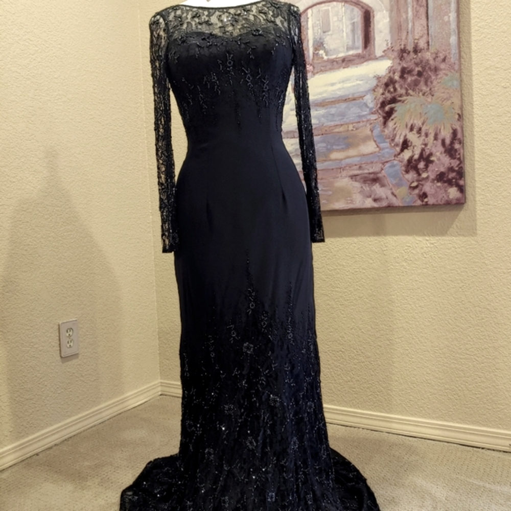 Montage by Mon Cheri Navy Lace Long Sleeve Evening Gown